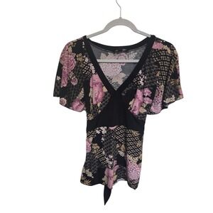 Vintage‎ Y2K BCX Floral Print Tie Front Top V Neck Short Flutter Sleeve Blouse